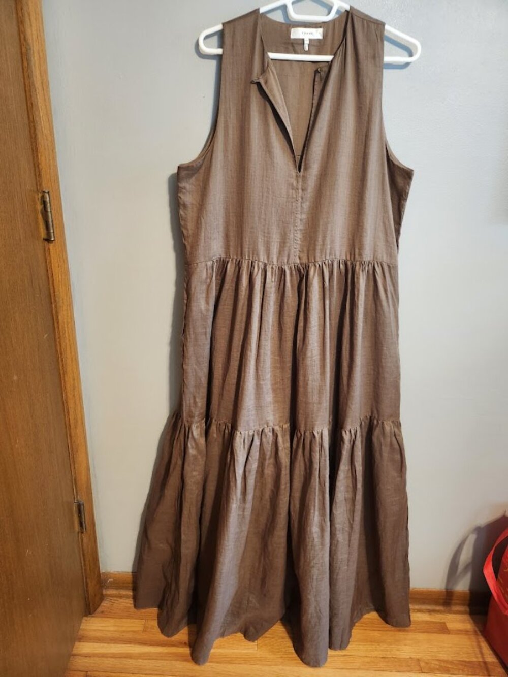 Frame Tiered Ramie Maxi Dress Size Medium in Brown/Green